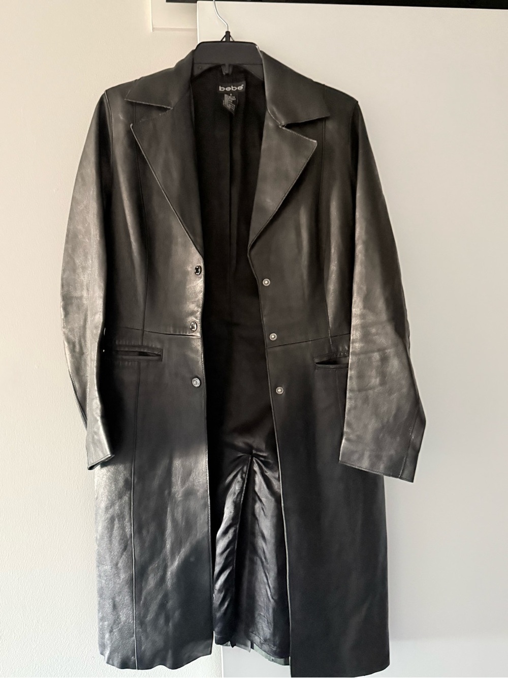 bebe Black Leather Long Trench Coat